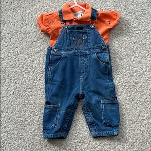 Kids Blue Denim Overalls and Orange Shirt with Embroidered Details